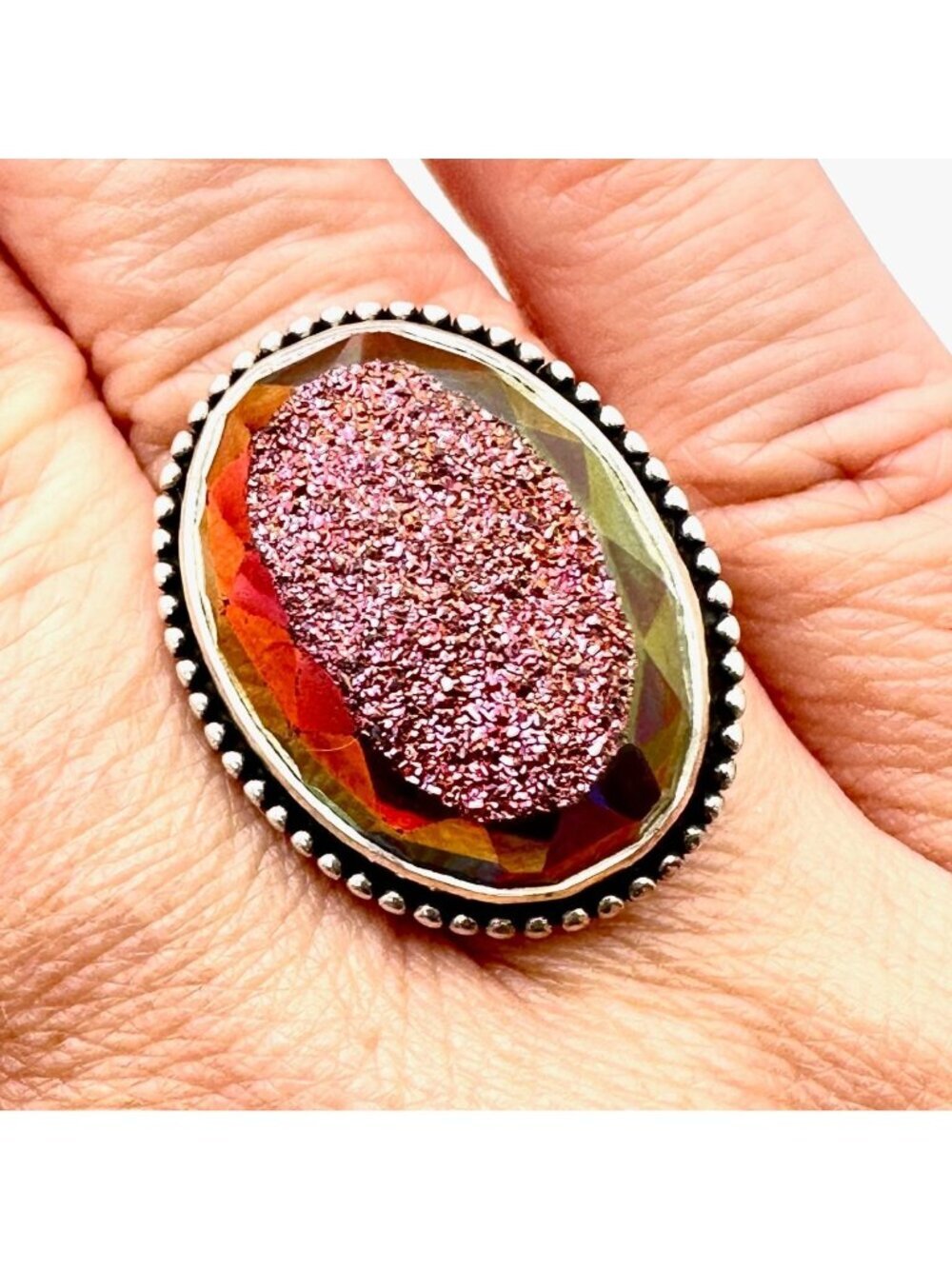 Colleen Lopez Womens Ring Sterling Silver Pink Drusy Quartz Adjustable Statement